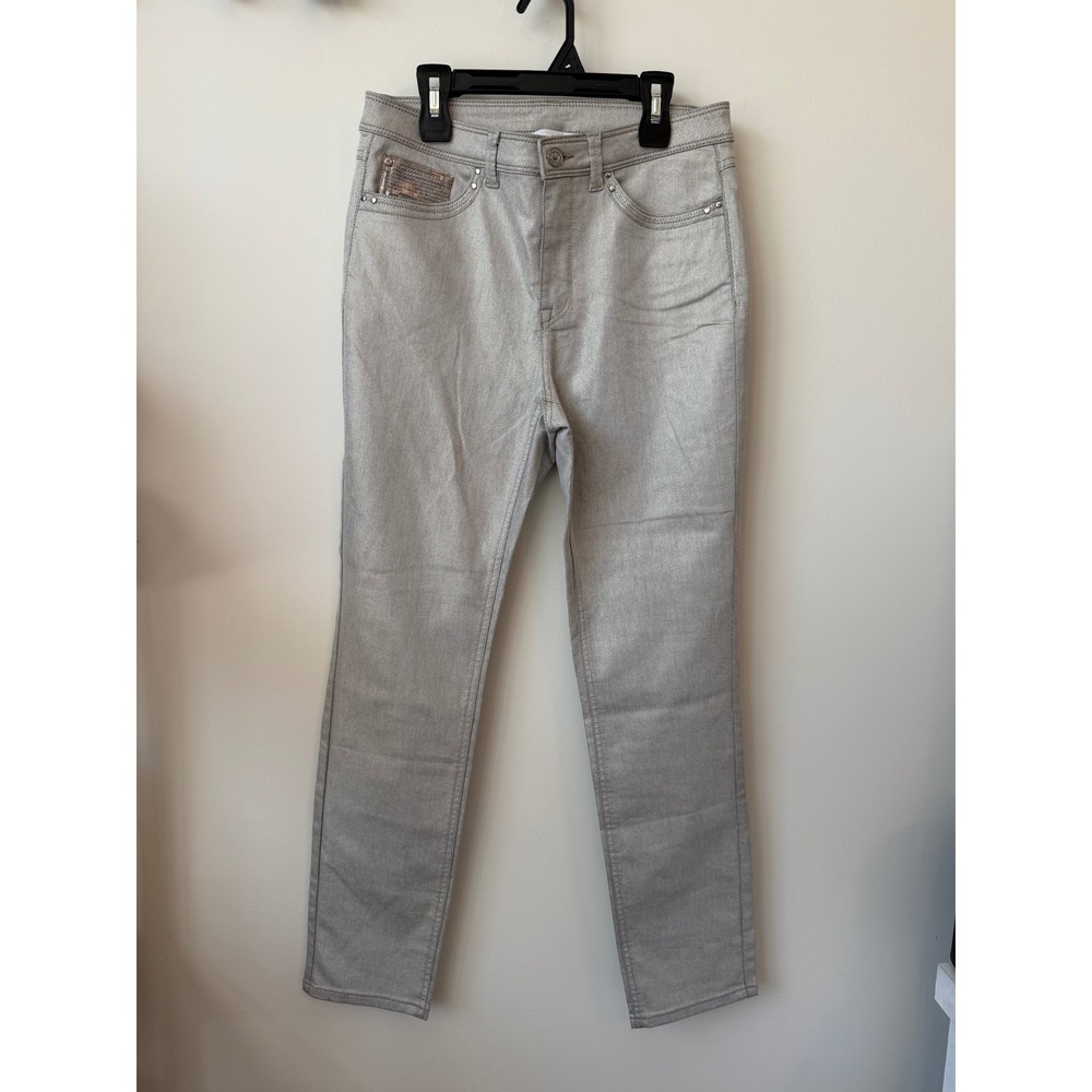 Joseph Ribkoff Silver Metallic Slim Fit Jeans Rhinestone Pockets Size 8